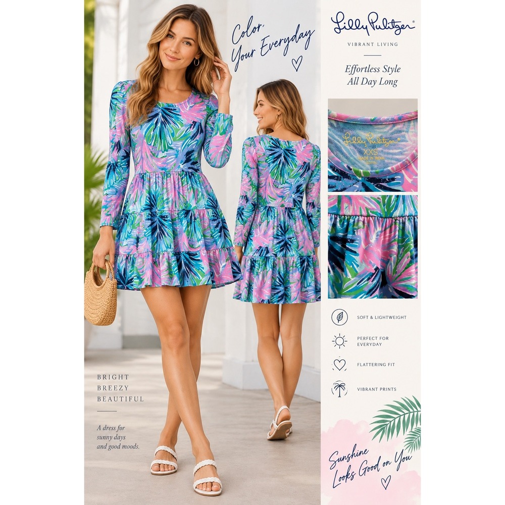 Lilly Pulitzer XXS Blue Pink Green Tropical Palm Tiered 3/4 Sleeve Mini Dress